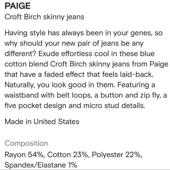 𝅺PAIGE Croft Dark Distressed Wash Skinny Stretch Jeans Size 28 - Picture 10 of 10